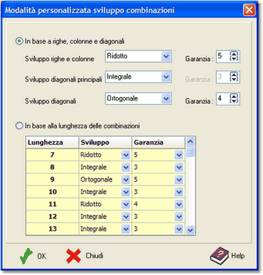 Finestra impostazione sviluppo combinazioni CruciSystem Plus 1.1